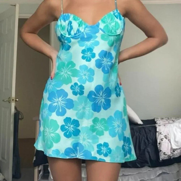 Zara Aloha Hawaiian Floral Satin Effect Bustier Mini Dress Blue Teal Size Medium - Picture 7 of 14